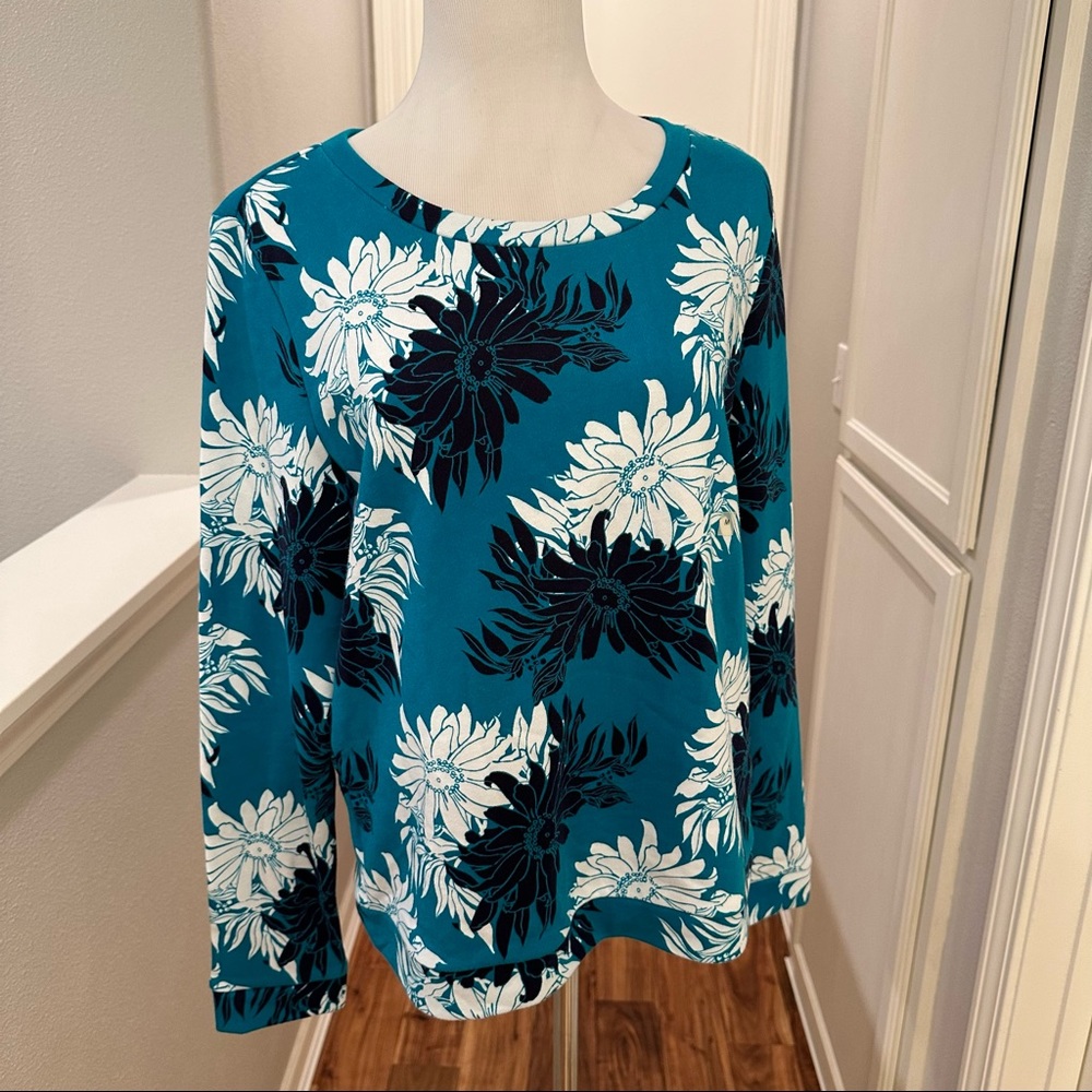 Ann Taylor Loft Teal Floral Crewneck Sweatshirt
